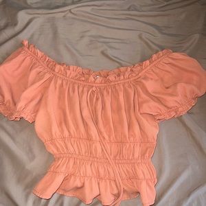 coral off the shoulder cropped shirt